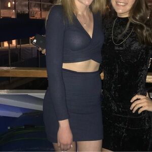 Lulu's Deep Blue Long Sleeve Crop Top WITH matching Skirt